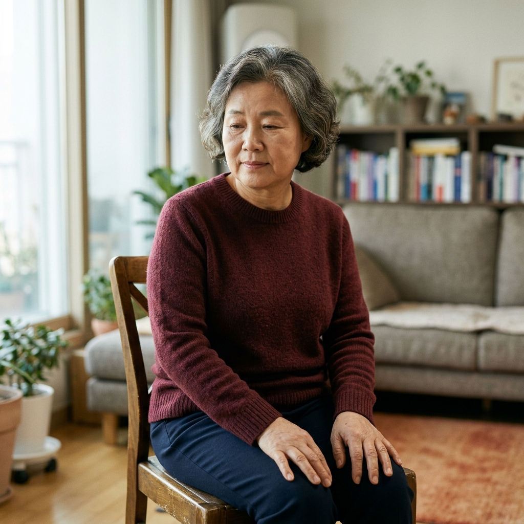 무릎에 손을 얹고 앉아 있는 65세 한국인 여성, 실내에서 긴팔 니트를 입은 가을 분위기