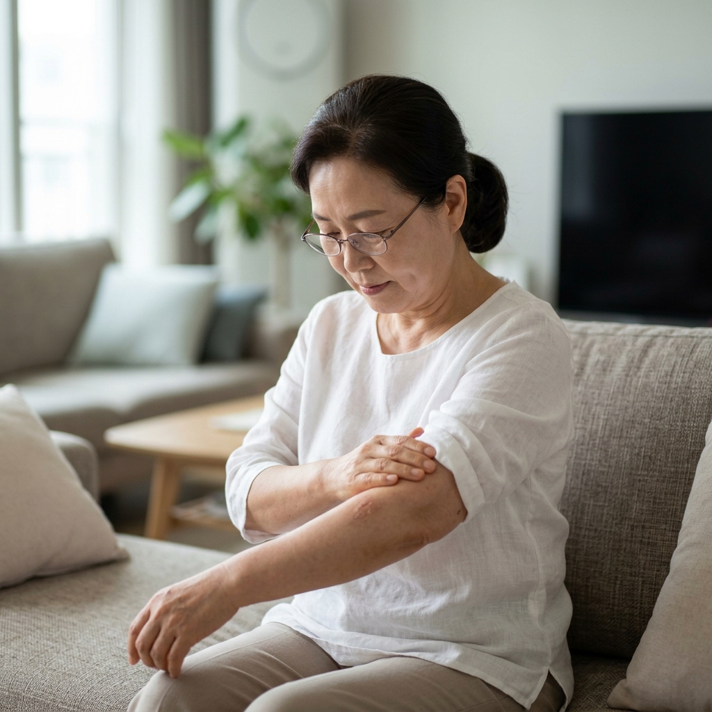 거실 소파에 앉아 팔의 피부 상태를 살피는 70대 초반 한국인