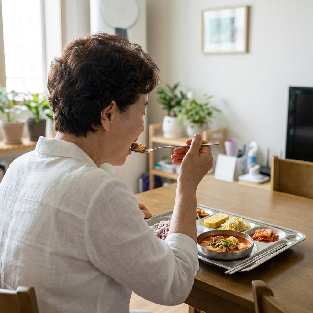 70대 여성이 식탁에서 순두부찌개와 달걀 반찬이 담긴 식판을 앞에 두고 숟가락을 들고 있는 모습, 자연광, 한국인 외형, 실내 배경