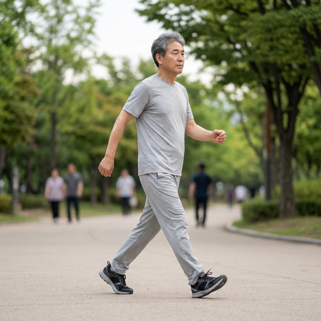 60대 중반 남성이 평평한 산책로에서 가벼운 운동복 차림으로 팔을 자연스럽게 흔들며 빠르게 걷고 있는 장면