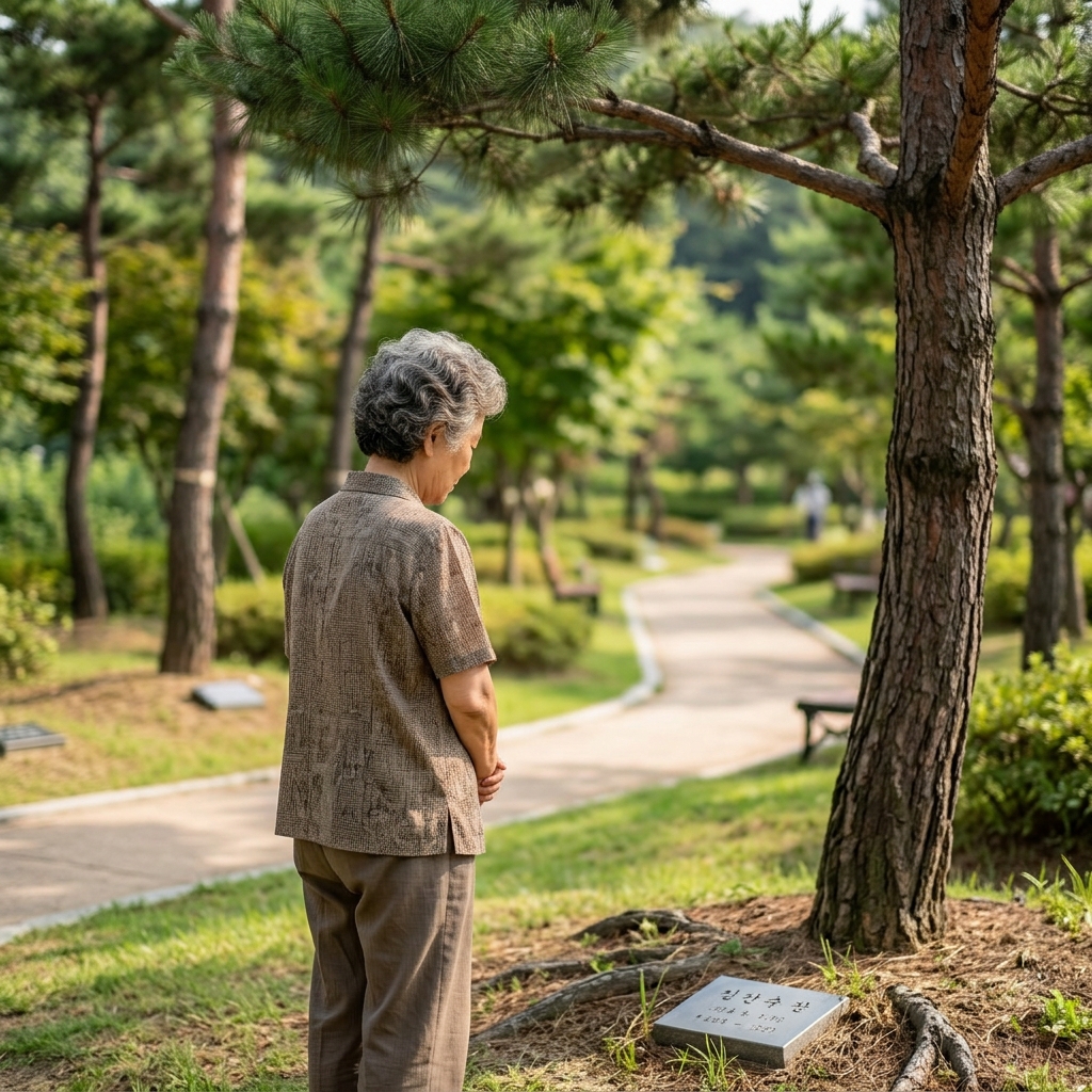야외 수목장 공원에서 나무 아래를 바라보는 70대 여성의 뒷모습