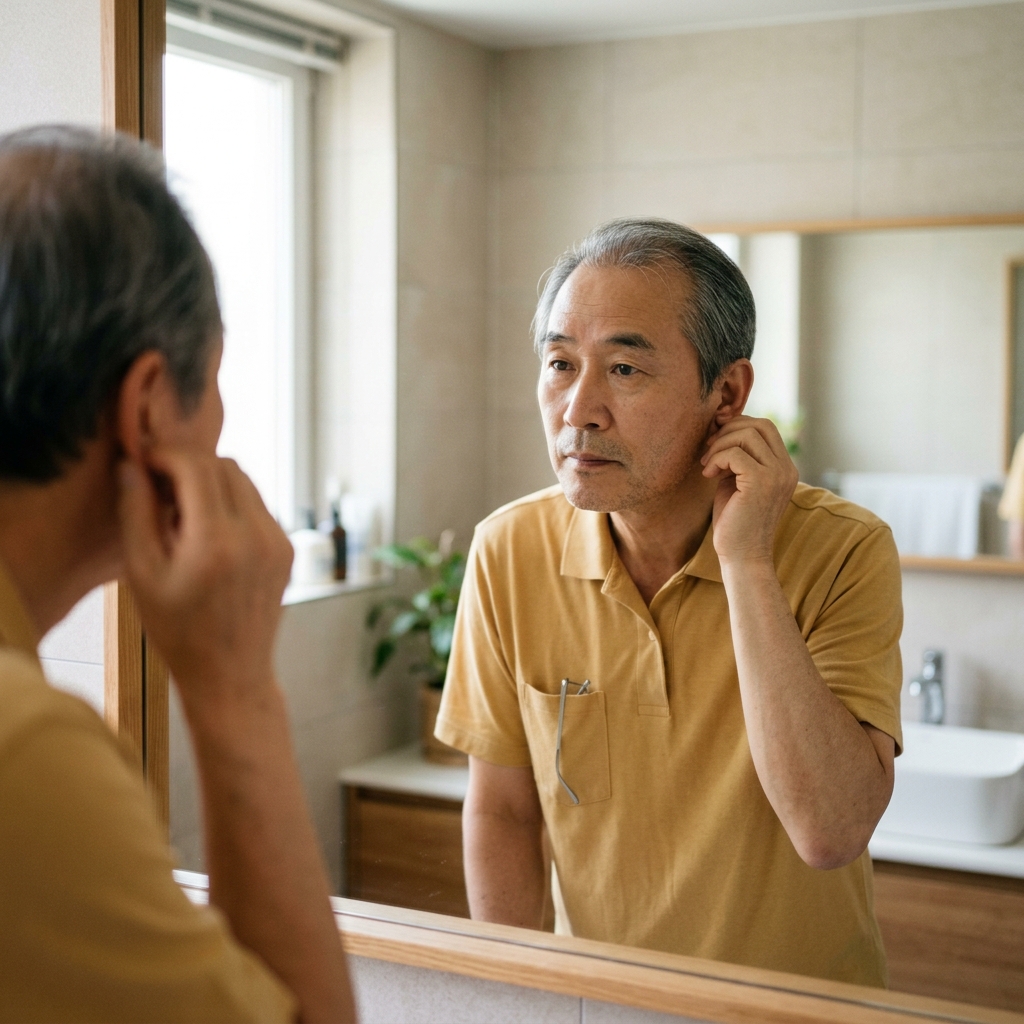 거울 앞에서 귓불을 살피는 60대 중장년 남성, 실내 자연광, 차분한 표정