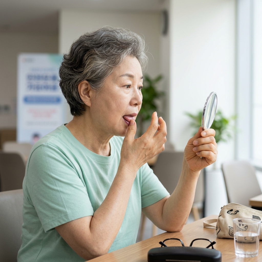 손톱과 혀를 관찰하는 70대 여성, 밝은 실내, 가까운 거리에서 살피는 모습