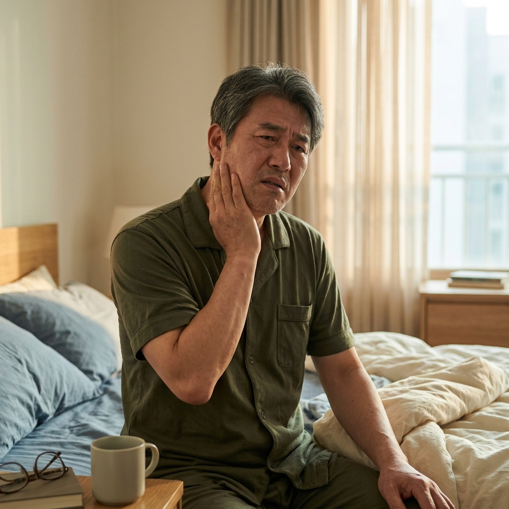 침대에서 막 일어난 중년 한국인이 한 손으로 턱 주변을 감싸 쥐고 표정을 찌푸린 모습, 옅은 아침 햇살 들어오는 침실 배경