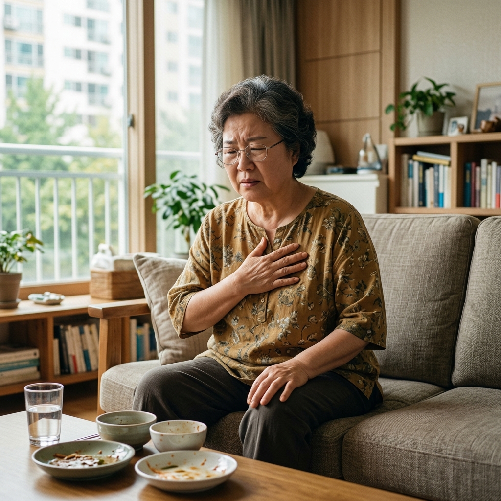 식사를 마친 뒤 거실 소파에 앉아 가슴에 손을 얹고 불편한 표정을 짓고 있는 60대 후반 한국인의 모습, 창밖으로 부드러운 자연광이 들어오는 실내 배경