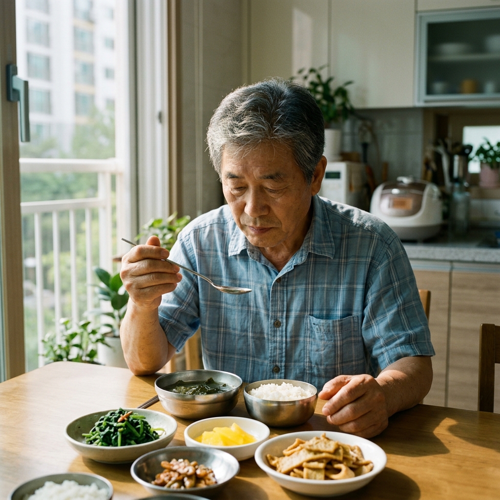 식탁 위에 놓인 밥과 반찬을 바라보며 천천히 숟가락을 들고 있는 70대 초반 한국인의 손과 상체, 창밖으로 부드러운 오후 햇살이 비치는 주방 풍경