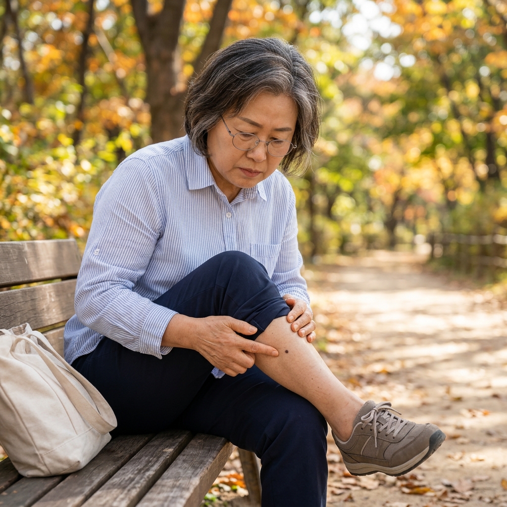 가벼운 긴팔 셔츠를 입은 60대 한국인 여성이 가을 산책로 옆 벤치에서 다리 피부를 자세히 살피며 작은 검은 점을 확인하는 모습