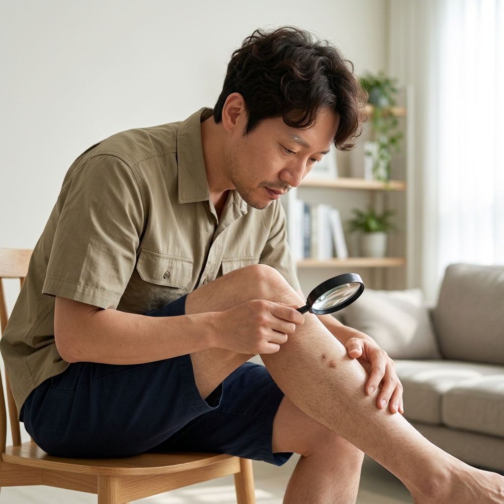 밝은 조명 아래 돋보기로 다리 피부의 작은 검은 부위를 자세히 관찰하는 장면