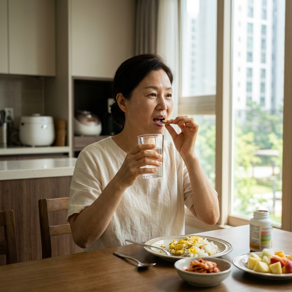 50대 중년 여성이 아침 식탁에서 종합비타민 한 알을 물과 함께 복용하고 있는 장면, 얇은 반팔 블라우스 착용, 밝은 실내 자연광