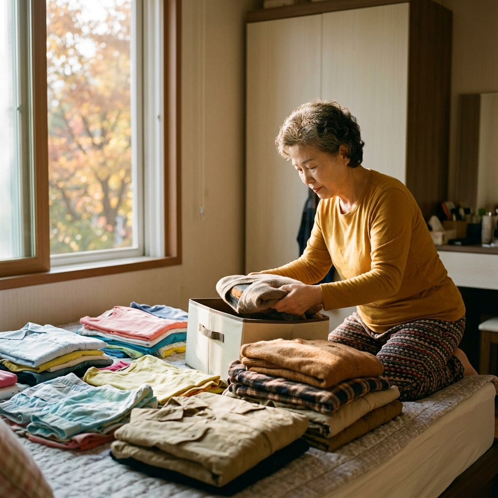 침대 위에 여름옷과 가을옷을 펼쳐놓고 정리 중인 70대 여성, 창밖으로 보이는 가을 햇살