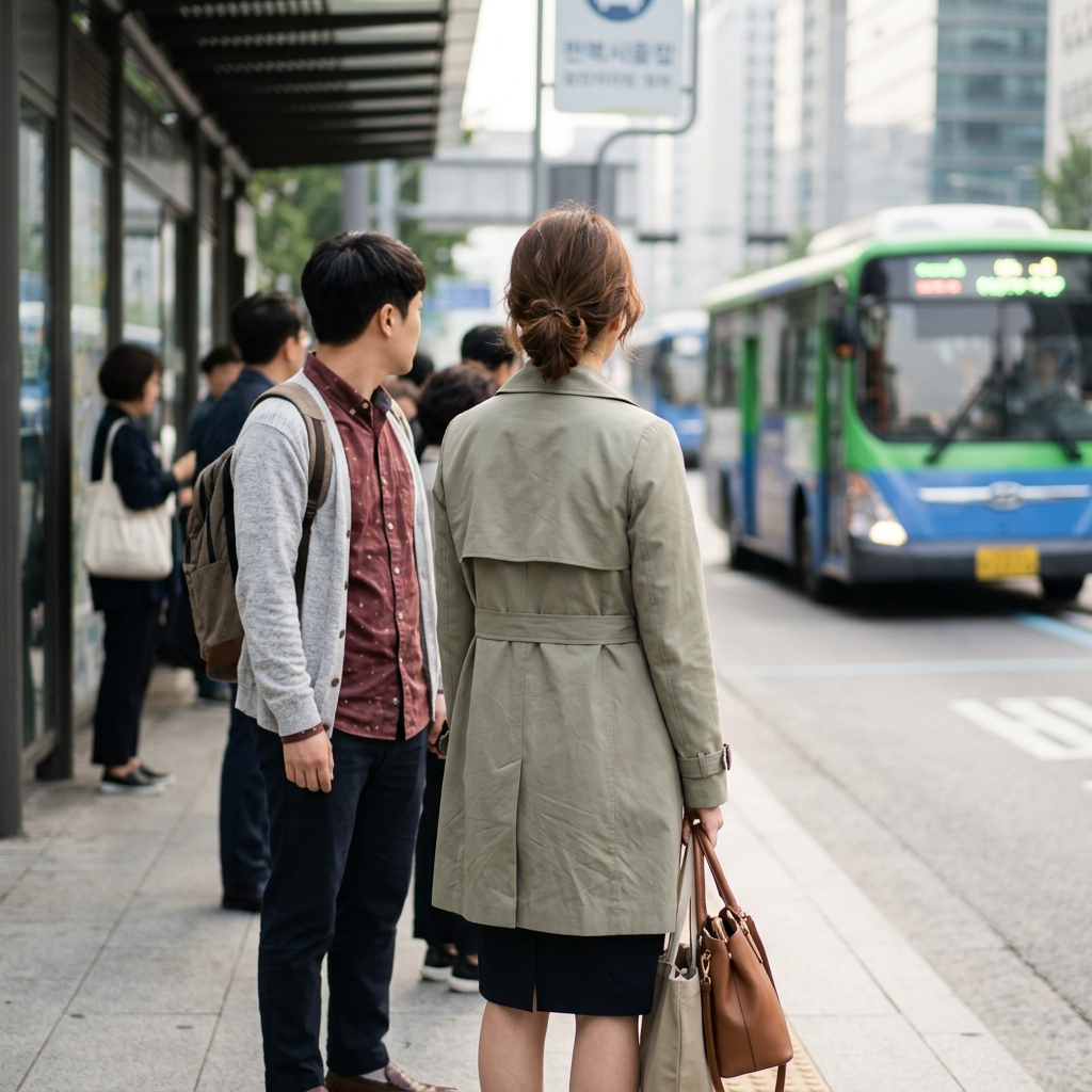 아침 출근길 버스정류장에서 얇은 트렌치코트를 입고 가방을 든 30대 직장인의 뒷모습, 반팔 셔츠 위에 가디건을 걸친 옆 사람과 대조되는 장면