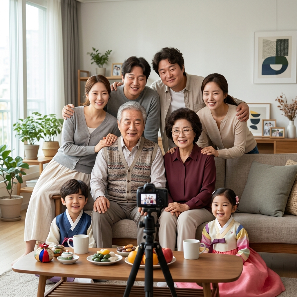 명절날 거실에서 조부모를 중심으로 온 가족이 둘러앉아 사진을 찍는 장면, 손주는 앞에 앉고 부모 세대는 뒤에서 감싸듯 서 있는 구도