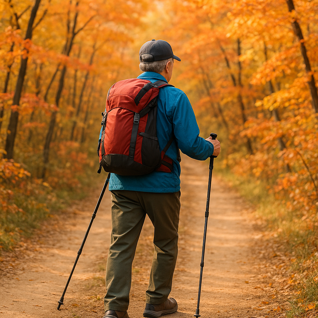 등산복 차림의 60대 후반 한국인이 등산 스틱을 짚고 완만한 산길을 오르고 있는 뒷모습, 배경에는 가을 단풍이 물든 나무들과 흙길이 보이는 장면