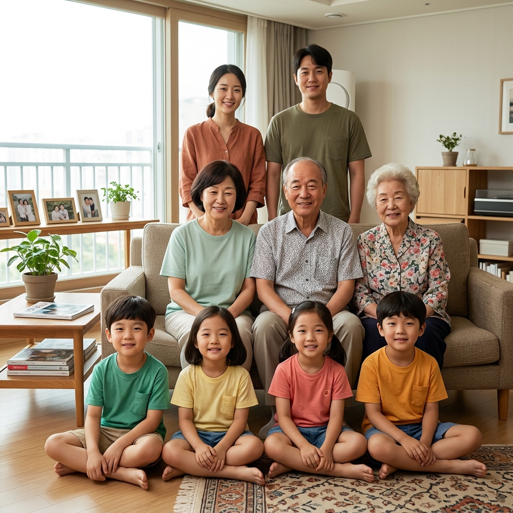 여러 세대가 함께 모인 가족사진, 앞줄에 어린 손주들이 앉고 중간에 조부모, 뒤에 부모 세대가 서서 층을 이루는 배치