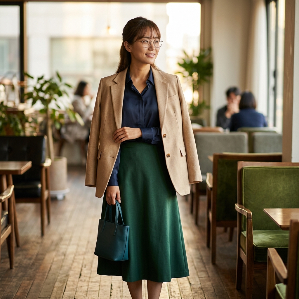 네이비 블라우스와 미디 스커트를 입은 여성이 블레이저를 걸치고 있는 모습