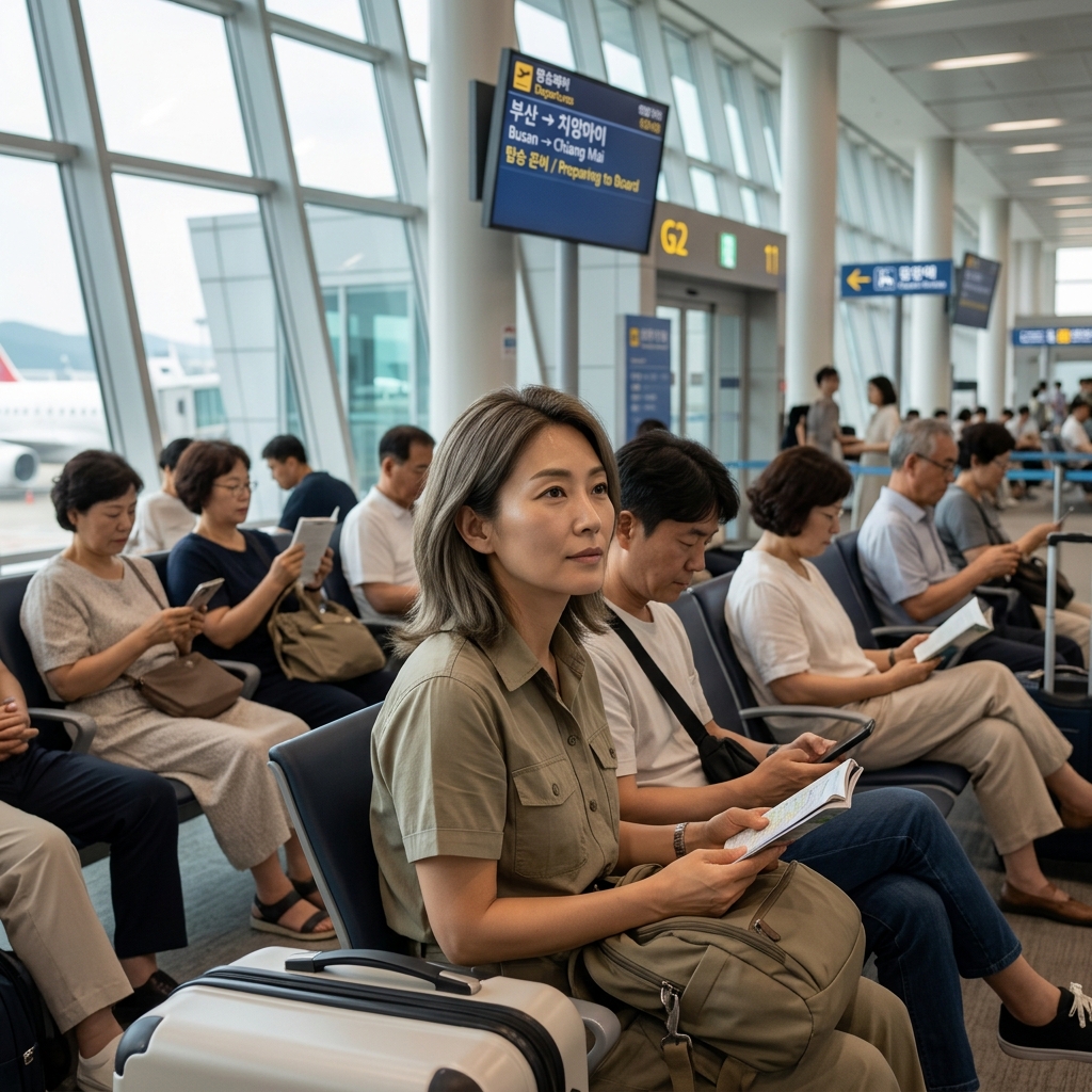 부산 김해공항 국제선 탑승구에서 치앙마이행 출발을 기다리는 여행객들의 모습