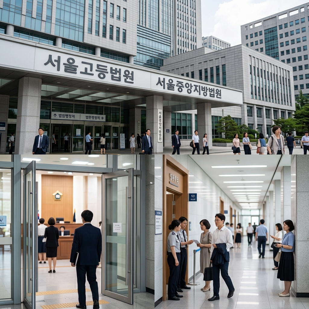 법정 청사 전경과 엄숙한 법정 분위기