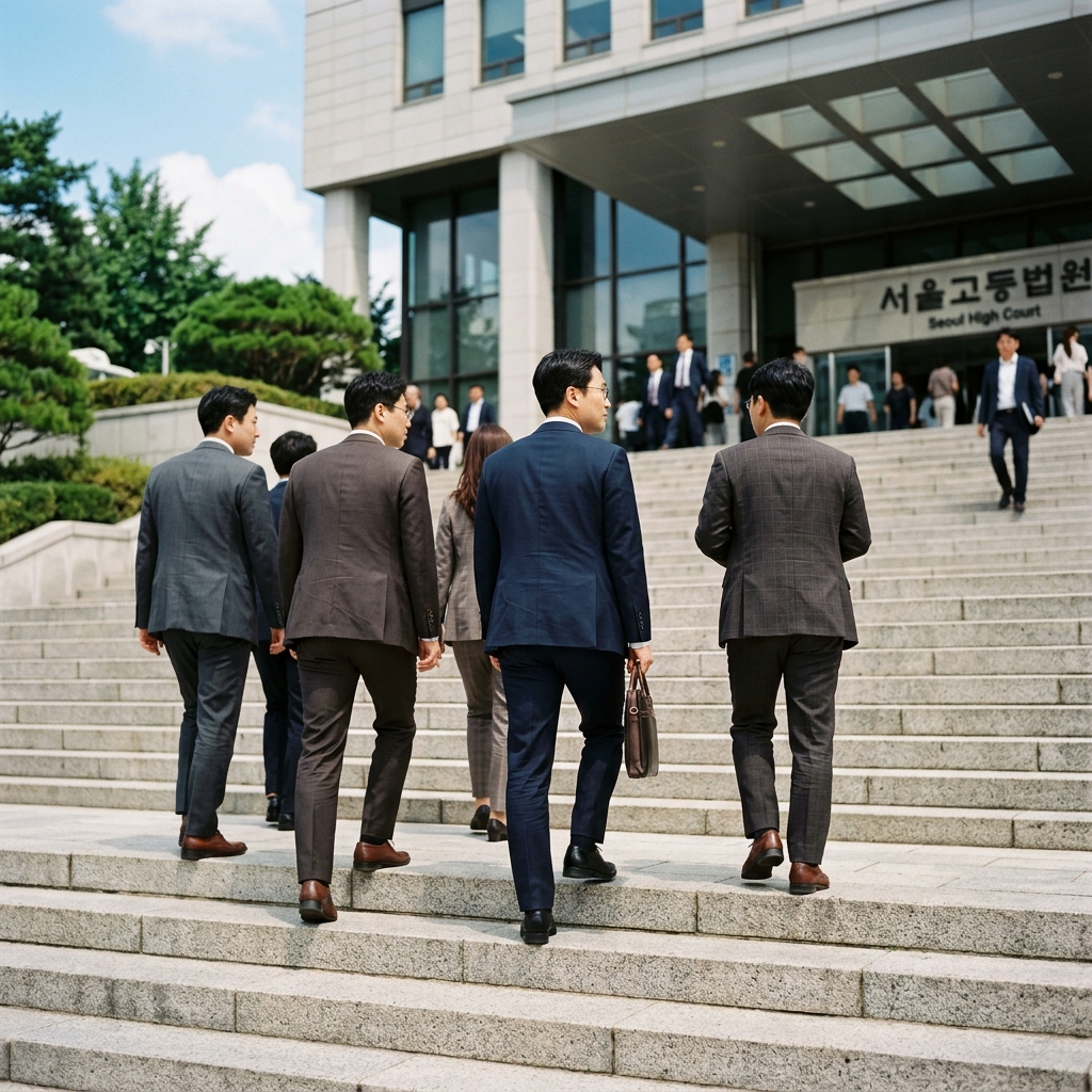 법원 계단을 걸어가는 정장 입은 사람들의 뒷모습
