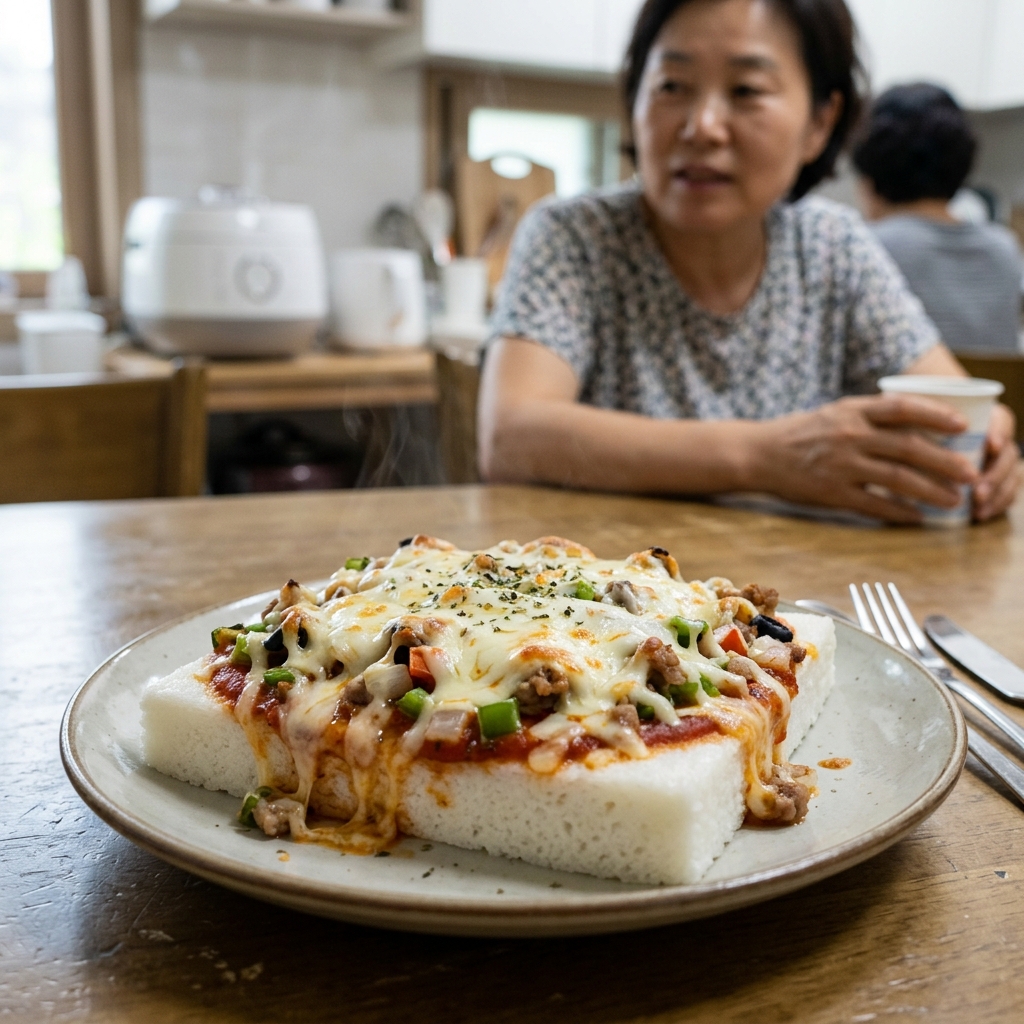 백설기 위에 피자 토핑과 치즈가 올려진 피자설기의 모습