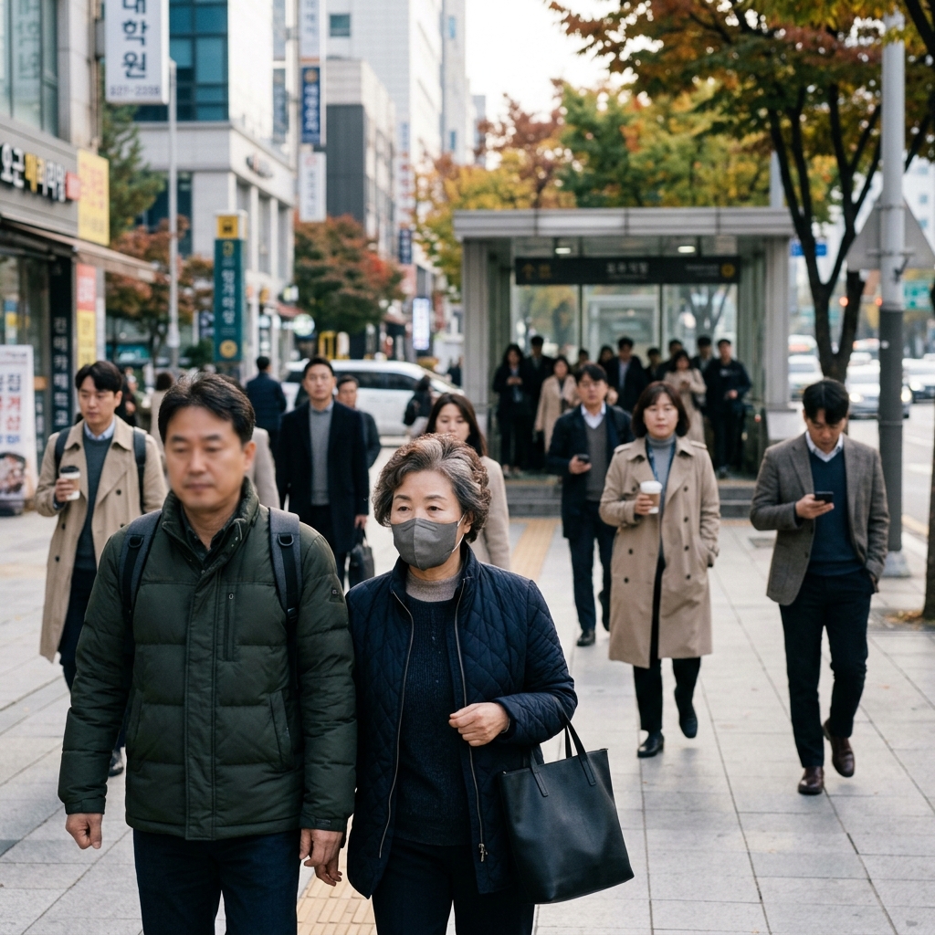 아침 쌀쌀한 날씨에 긴팔 옷을 입은 사람들이 출근하는 모습
