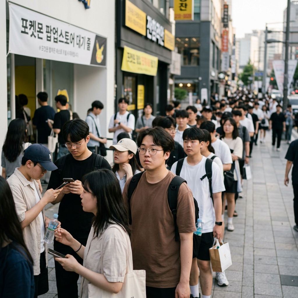 포켓몬 팝업스토어 앞에 길게 늘어선 대기 줄과 입장을 기다리는 사람들