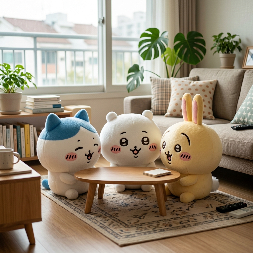 작고 동그란 흰색 캐릭터 치이카와가 친구들과 함께 있는 장면