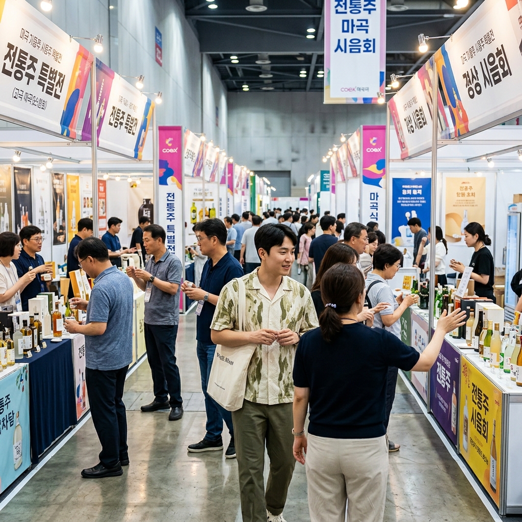 코엑스 마곡 주류 박람회 현장에 다양한 부스가 설치되고 관람객이 둘러보는 모습
