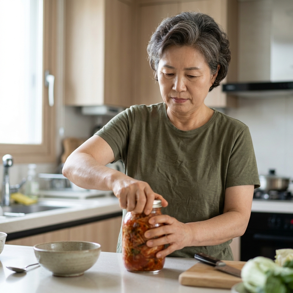 70대 여성이 주방에서 병뚜껑을 양손으로 잡고 돌리려 하지만 힘이 들어가지 않는 모습, 밝은 자연광 아래 현실적인 표정
