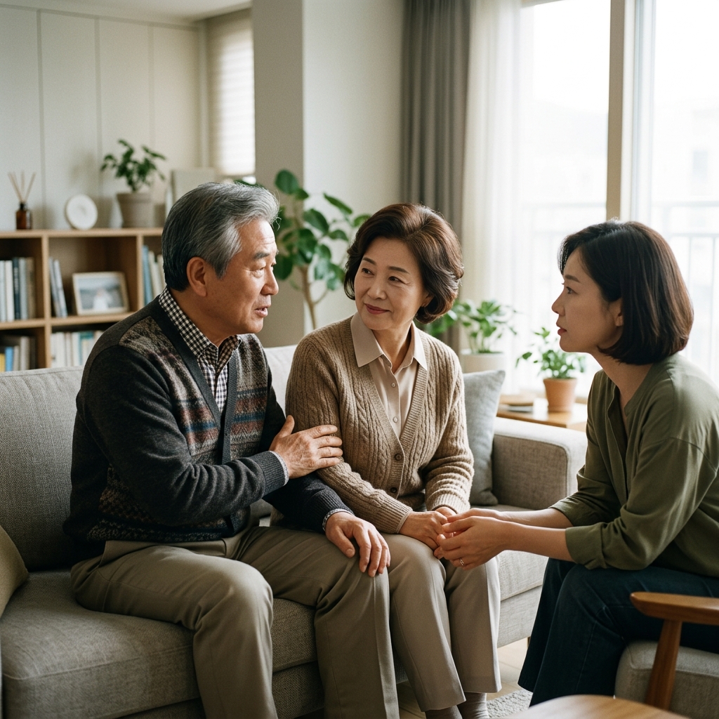 거실 소파에 앉아 작은 목소리로 이야기하는 70대 한국인 부모님과 경청하는 중년 자녀의 모습