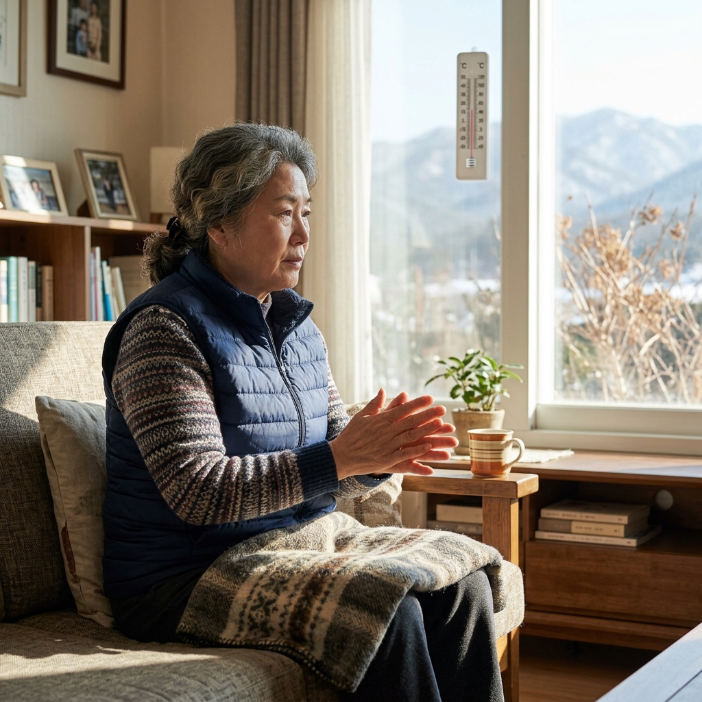 거실 소파에 앉아 두꺼운 조끼를 입고 무릎담요를 덮은 70대 여성이 손을 비비는 모습, 창밖으로 맑은 겨울 햇살이 들어오고 벽면 온도계가 보이는 장면
