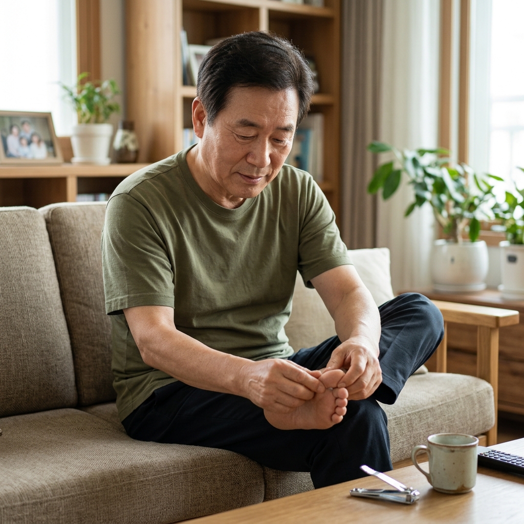 소파에 앉아 자신의 발톱을 살피는 70대 한국인 남성, 밝은 실내 자연광, 발톱깎이가 옆에 놓여 있음