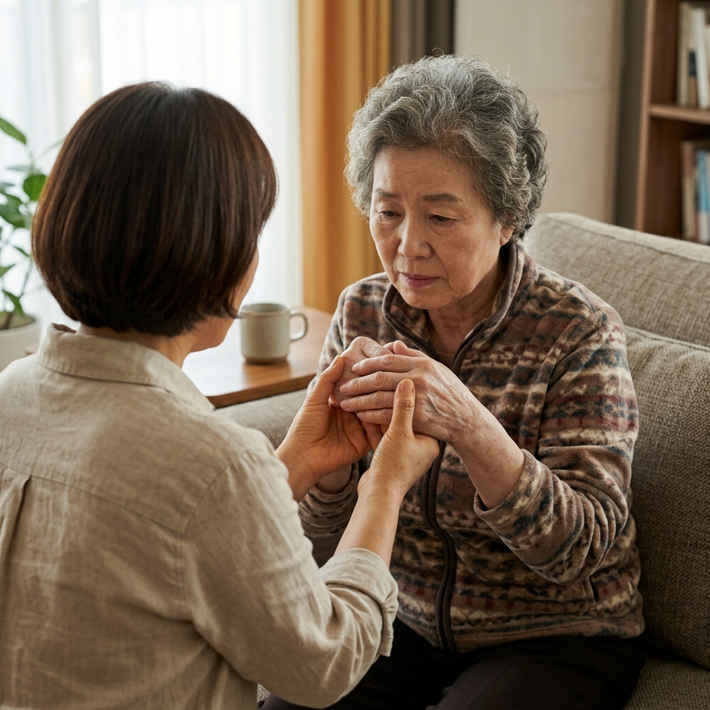 손을 맞잡고 온기를 확인하는 중년 여성과 70대 어머니의 손, 어머니 손이 차갑게 보이는 장면, 실내 조명 아래 따뜻한 분위기