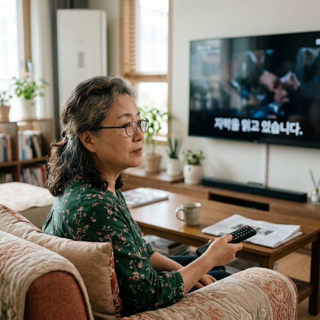 거실 소파에 앉아 TV 리모컨을 들고 화면 하단 자막을 보며 시청하는 60대 후반 한국인의 모습