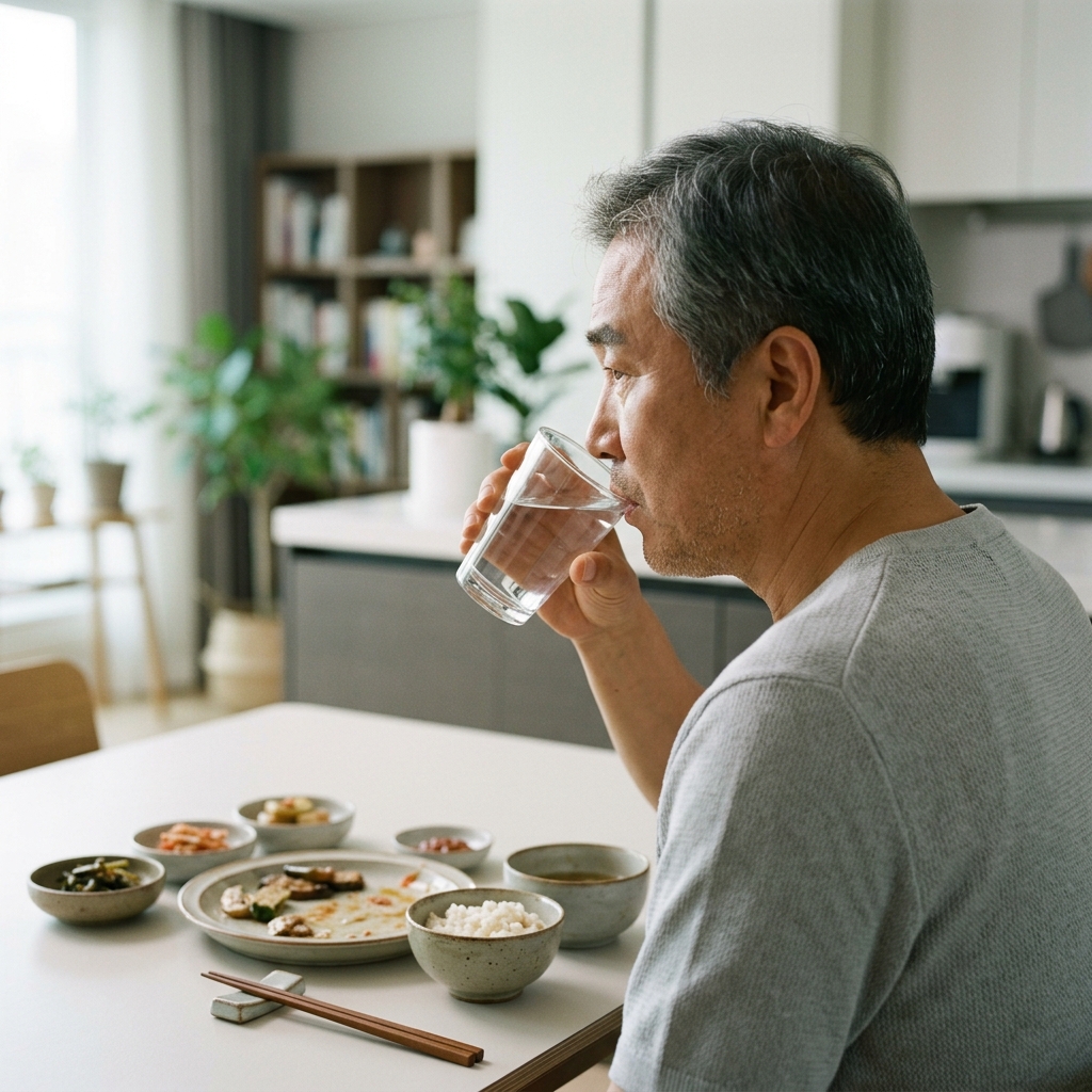 70대 남성이 식탁에 앉아 물컵을 들고 있는 모습, 식사 도중 물을 마시려는 장면, 실내 자연광