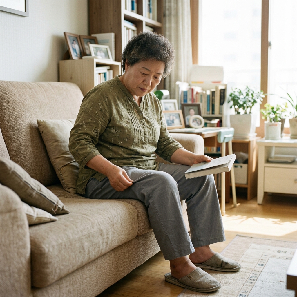 70대 여성이 거실 소파에 앉아 평소 입던 면바지 허벅지 부분을 손으로 잡아보며 헐렁해진 핏을 확인하는 모습, 자연광, 실내 배경