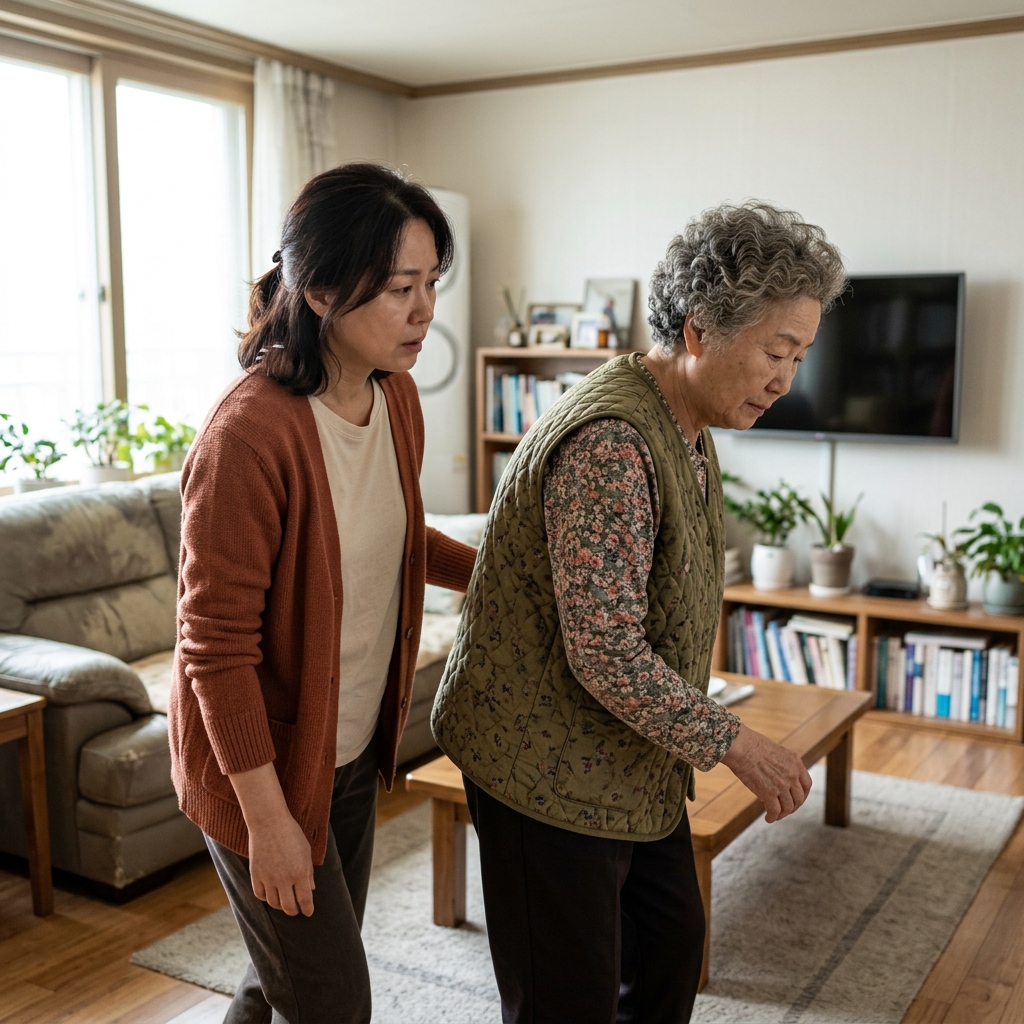 70대 한국인 여성이 거실에서 허리를 약간 굽힌 채 천천히 걷고 있고, 옆에서 중년 딸이 어머니 등 쪽을 걱정스럽게 바라보는 장면