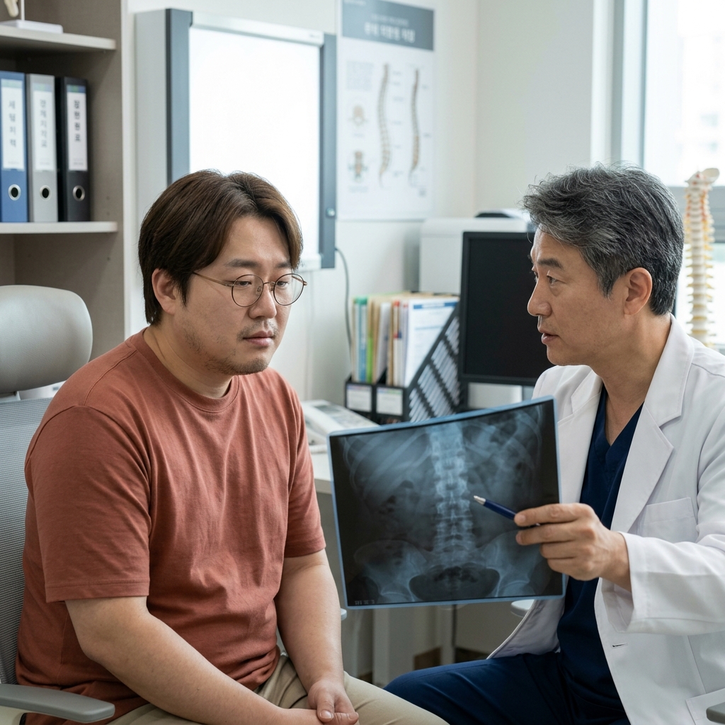 70대 한국인 남성이 병원 진료실에서 의사 앞에 앉아 허리 엑스레이 사진을 함께 보고 있는 장면