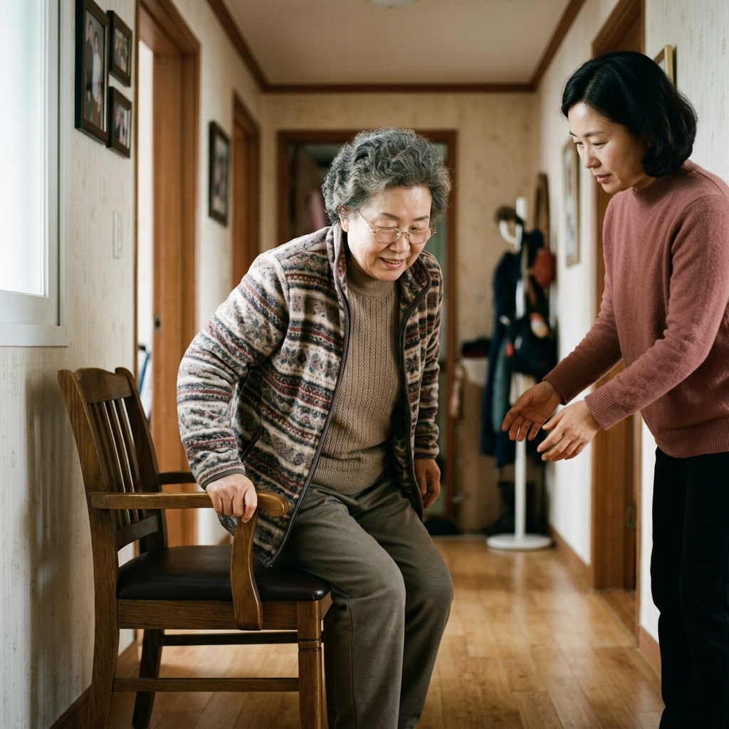 70대 여성이 집 안 복도에서 의자 팔걸이를 짚고 천천히 일어서는 모습, 딸이 옆에서 지켜보고 있는 장면, 실내 조명