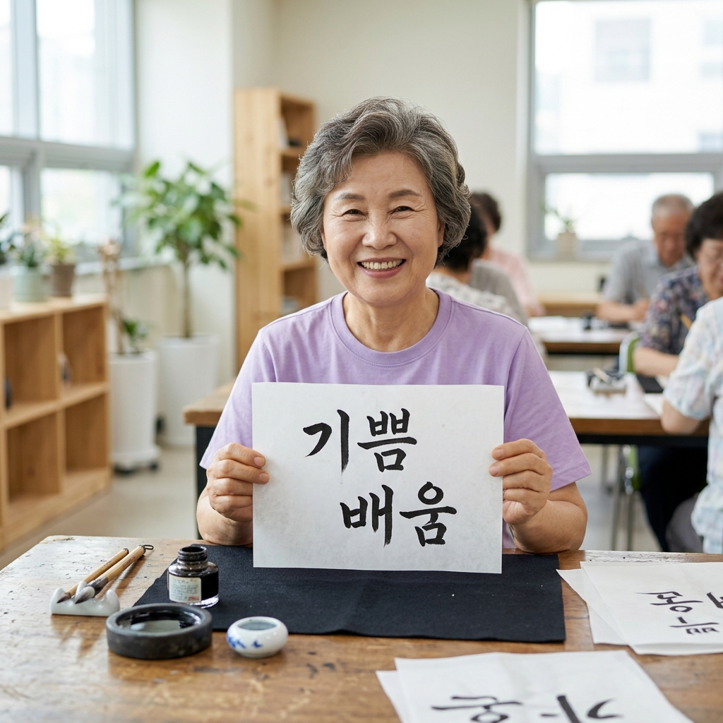 60대 여성이 밝은 조명 아래에서 손글씨 작품을 들고 웃고 있는 모습, 작은 테이블 위에 붓과 잉크병이 놓여 있다