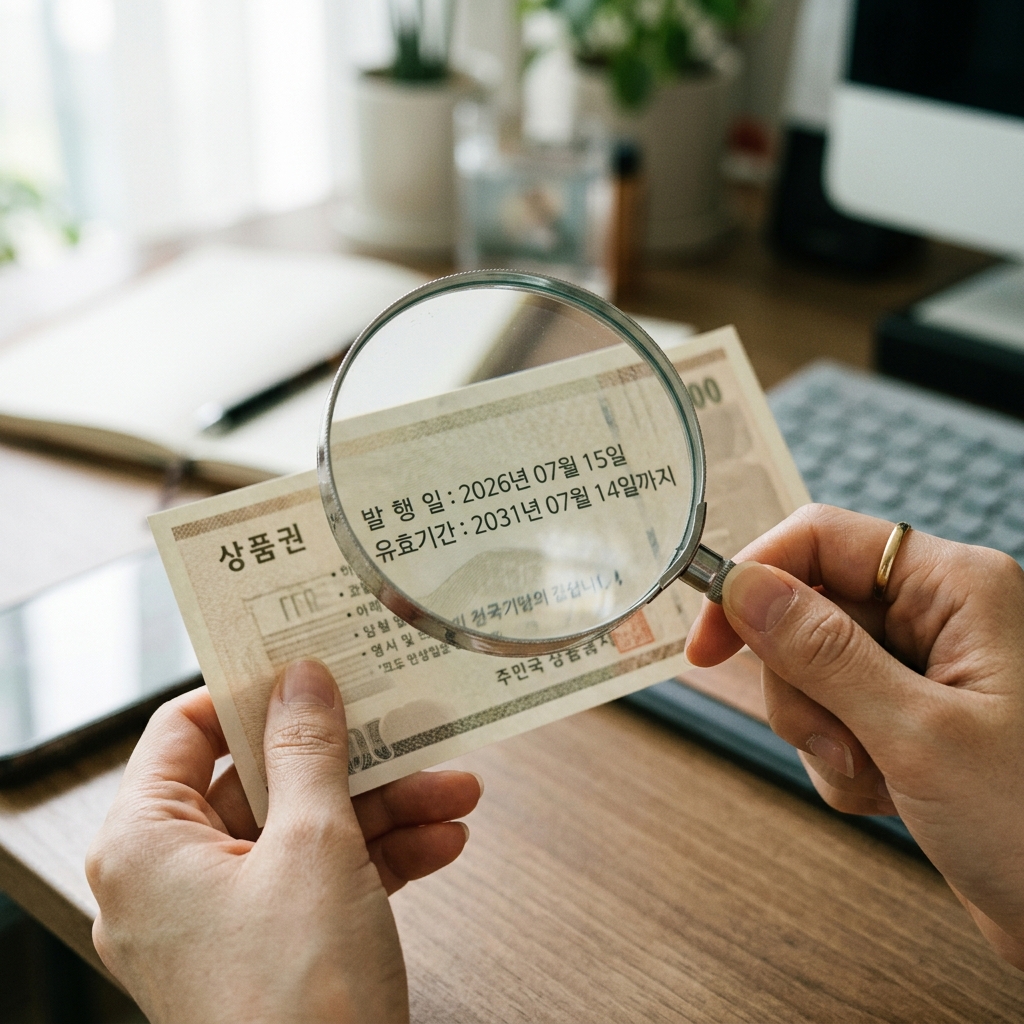 상품권 뒷면에 인쇄된 발행일과 유효기간을 돋보기로 확인하는 손 클로즈업