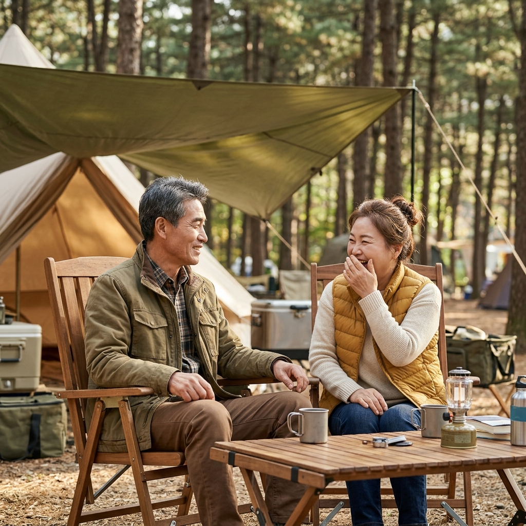 60대 후반 부부가 넉넉한 높이의 접이식 의자에 앉아 야외 테이블에서 담소를 나누는 모습, 뒤로 텐트와 타프가 보이며 오후 햇살이 부드럽게 비추는 캠핑장