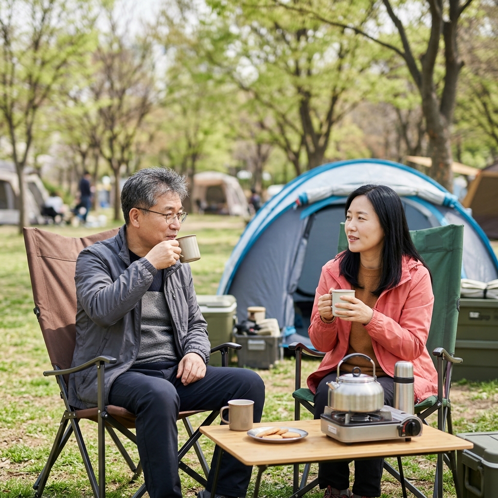 봄철 야외 캠핑장에서 가벼운 점퍼 차림의 중장년 부부가 접이식 의자에 앉아 차를 마시는 모습