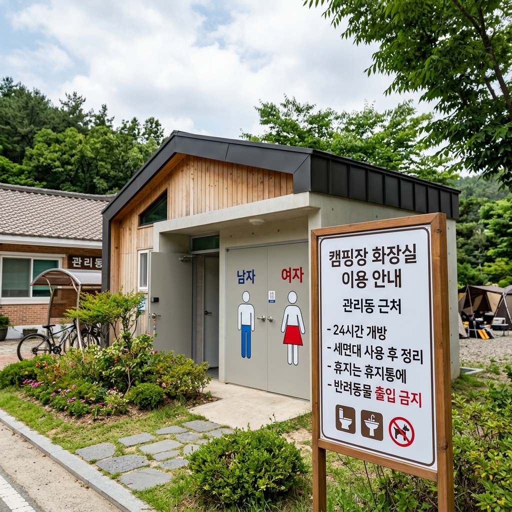 캠핑장 관리동 근처에 위치한 화장실 외관과 안내판