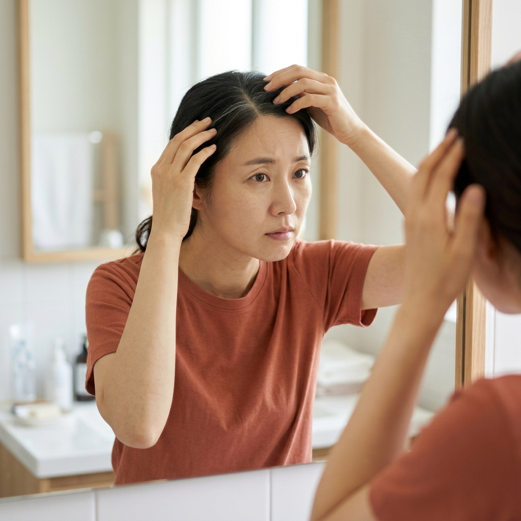 거울 앞에서 머리카락 사이 흰머리를 확인하며 걱정스러운 표정을 짓는 30대 후반 한국인 여성