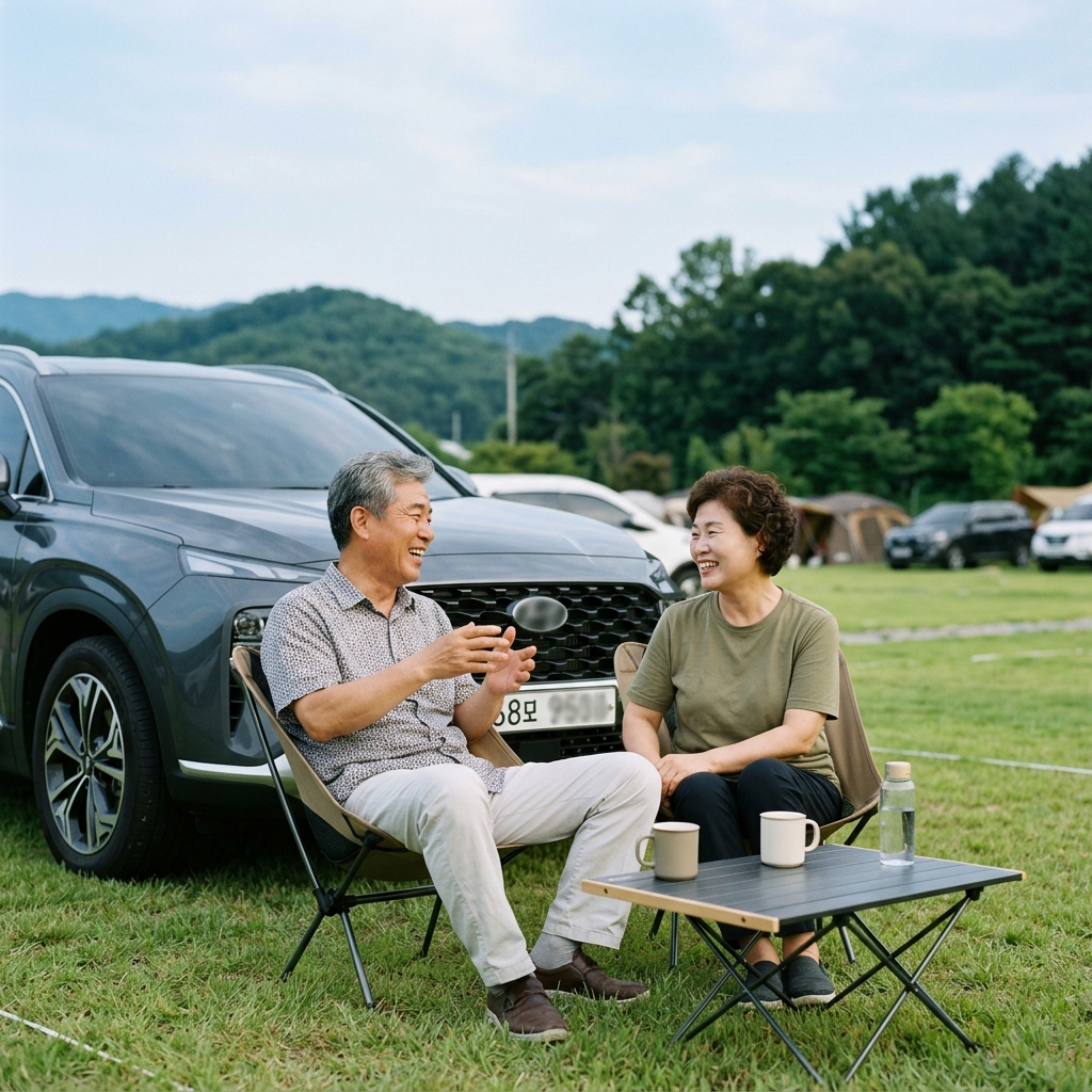 60대 부부가 차량 옆 캠핑 의자에 앉아 여유롭게 대화하는 모습, 짧은 소매 셔츠, 평지 캠핑장 배경