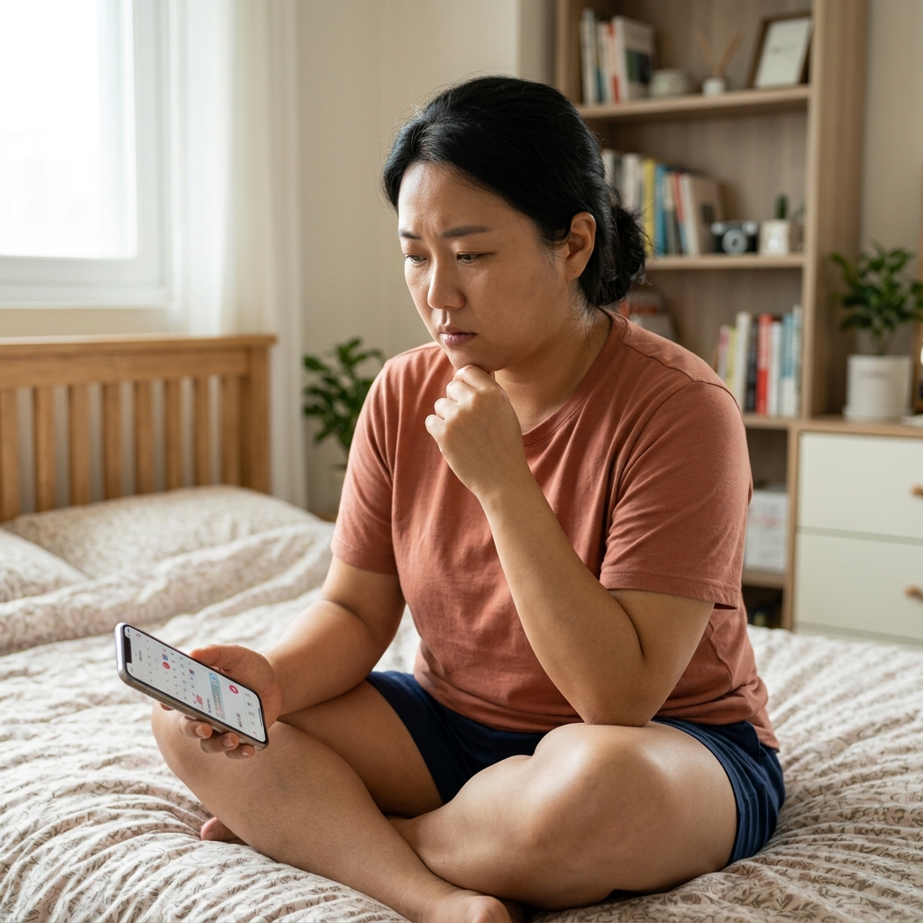 침실에서 생리 달력 앱을 확인하며 걱정스러운 표정으로 휴대폰을 보고 있는 30대 후반 한국인 여성의 모습