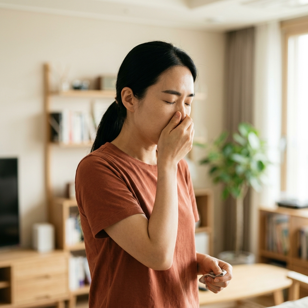 30대 여성이 실내에서 재채기를 하려는 순간 손으로 코를 막고 있는 모습, 밝은 실내 배경, 자연스러운 표정