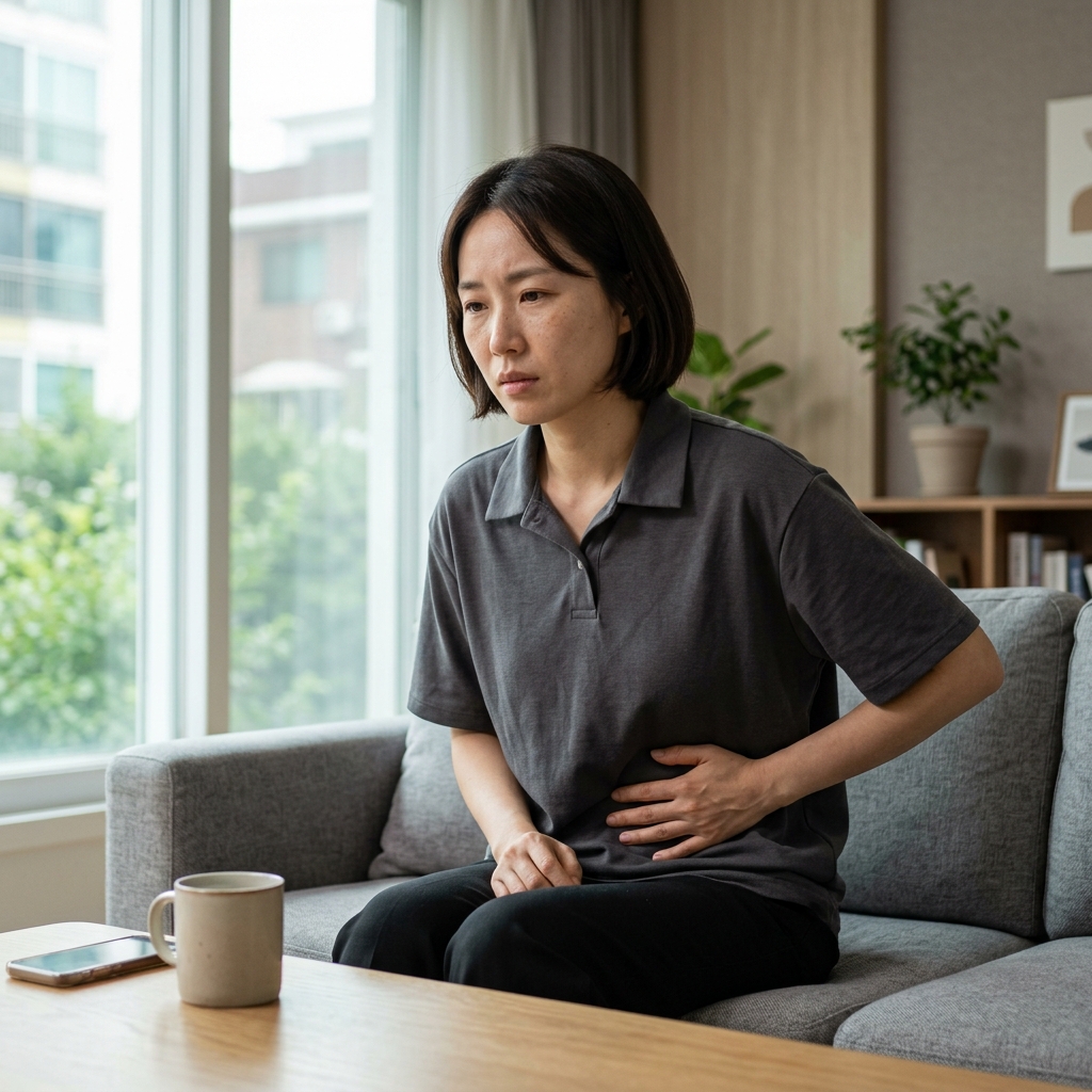 30대 여성이 거실 소파에 앉아 한쪽 아랫배를 손으로 누르며 불편한 표정을 짓는 장면, 창밖으로 부드러운 자연광