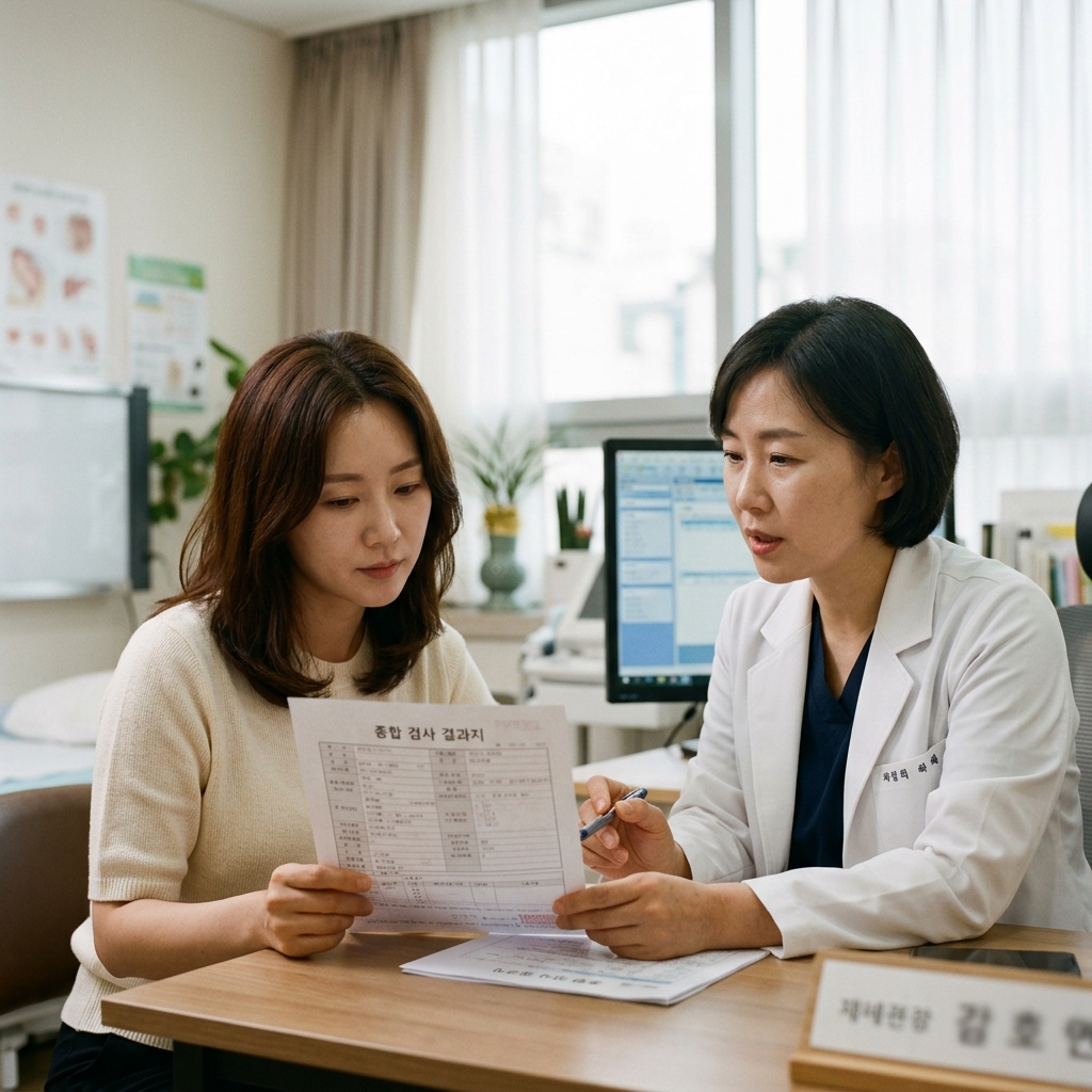 30대 후반 여성이 산부인과 진료실에서 검사 결과지를 보며 의료진과 상담하는 장면