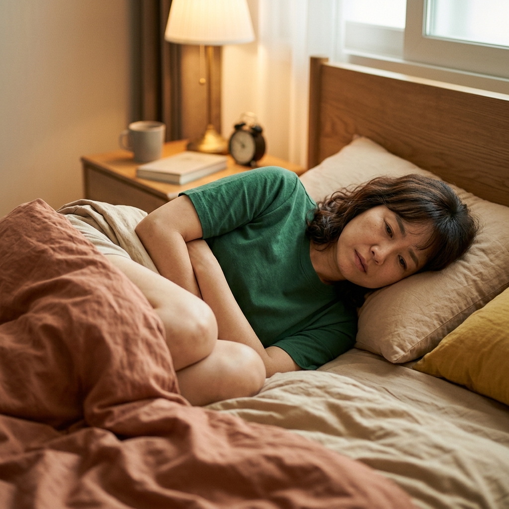 침대에 누워 무릎을 가슴 쪽으로 구부린 채 배를 감싸 안은 여성의 모습, 실내 조명은 따뜻한 톤